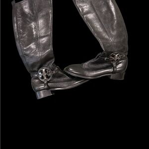 Tory Burch Black Leather Riding Boots with Logo Detail.